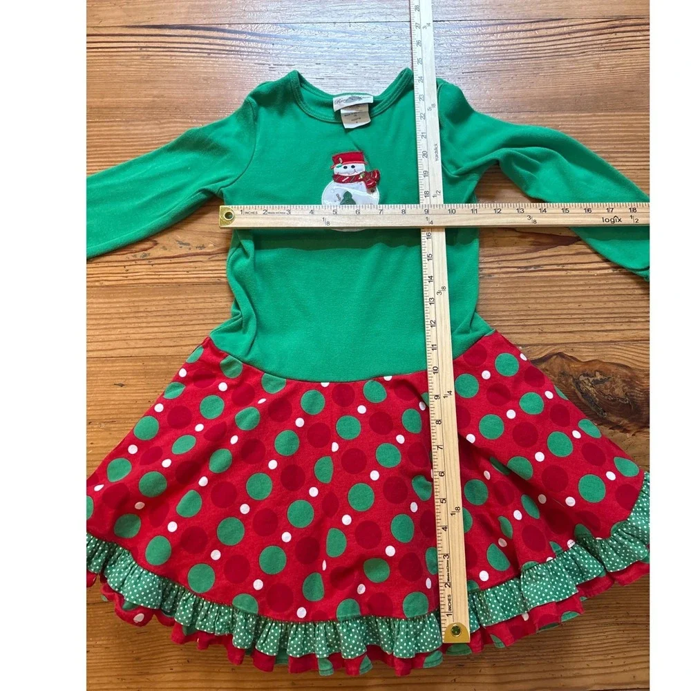 Rare Editions Christmas Dress Kids Green Red‎ Snowman Polka Dot Ruffle SIZE 6